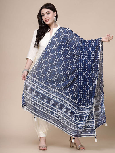 Indigo Printed Cotton Dupatta with traditional motifs and intricate designs.