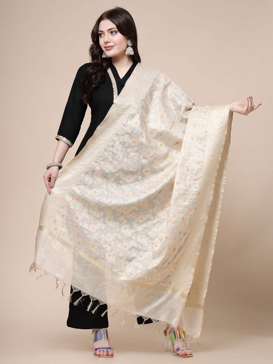 Golden Banarsi silk dupatta with intricate woven design and traditional motifs.