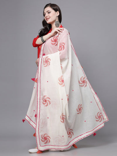 Magenta Mirror Work Cotton Dupatta with Tasseled Border, showcasing traditional craftsmanship.