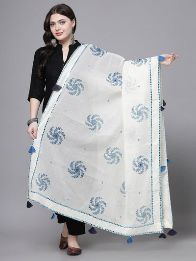 Turquoise Blue Mirror Work Cotton Dupatta with Tasseled Border displayed by model.