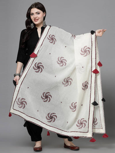 Maroon Mirror Work Cotton Dupatta with tasseled border displayed on a model.