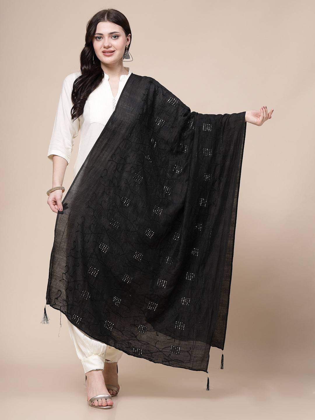 Black mirror work cotton dupatta with sequinned design, elegant and comfortable.