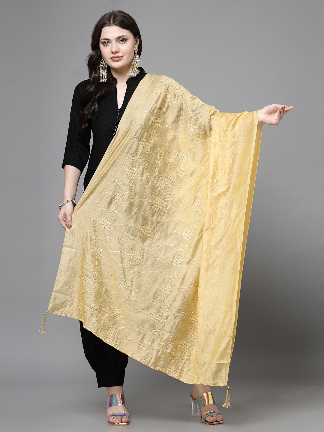 Fawn Mirror Work Cotton Dupatta with sequin details and tassels.