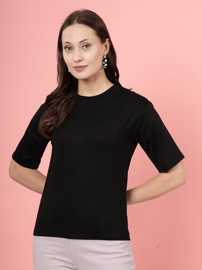 Black solid regular fit T-shirt made from soft Tencel fabric.