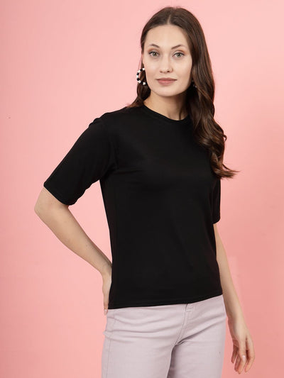 Black solid regular fit Tencel women's T-shirt.