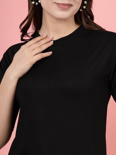 Black solid regular fit Tencel women's T-shirt, soft and sustainable fabric.
