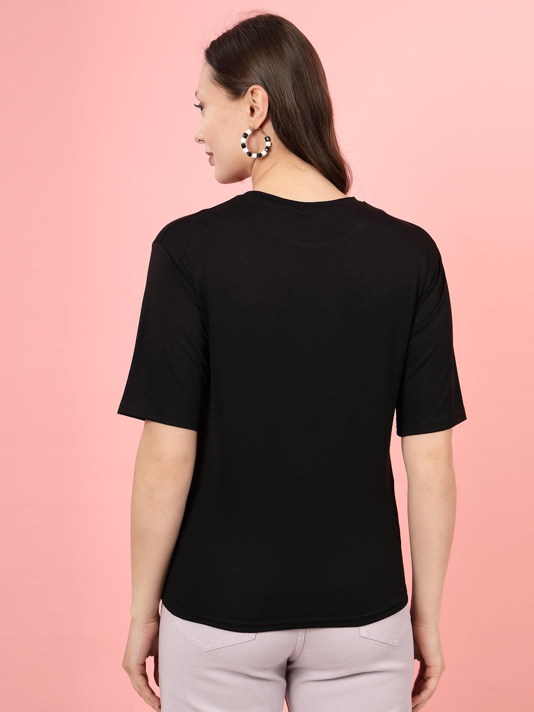 Black solid regular fit T-shirt made from premium Tencel fabric.