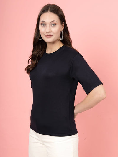 Navy blue solid regular fit women's T-shirt made from premium Tencel fabric.