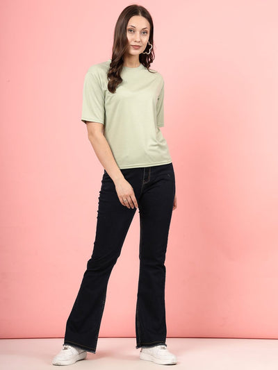 Pista green solid regular fit Tencel women's T-shirt.