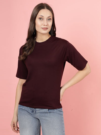 Wine solid regular fit T-shirt for women in soft Tencel fabric.