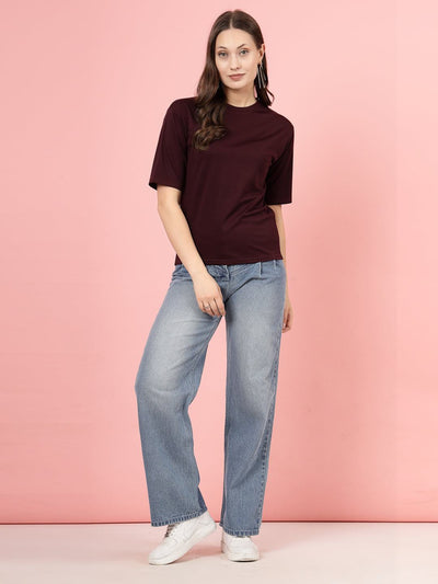 Wine solid regular fit T-shirt for women made from premium Tencel fabric.