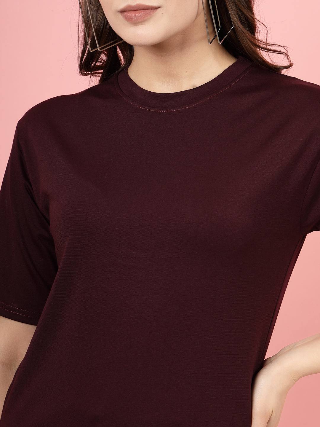 Wine solid regular fit T-shirt made from premium Tencel fabric.