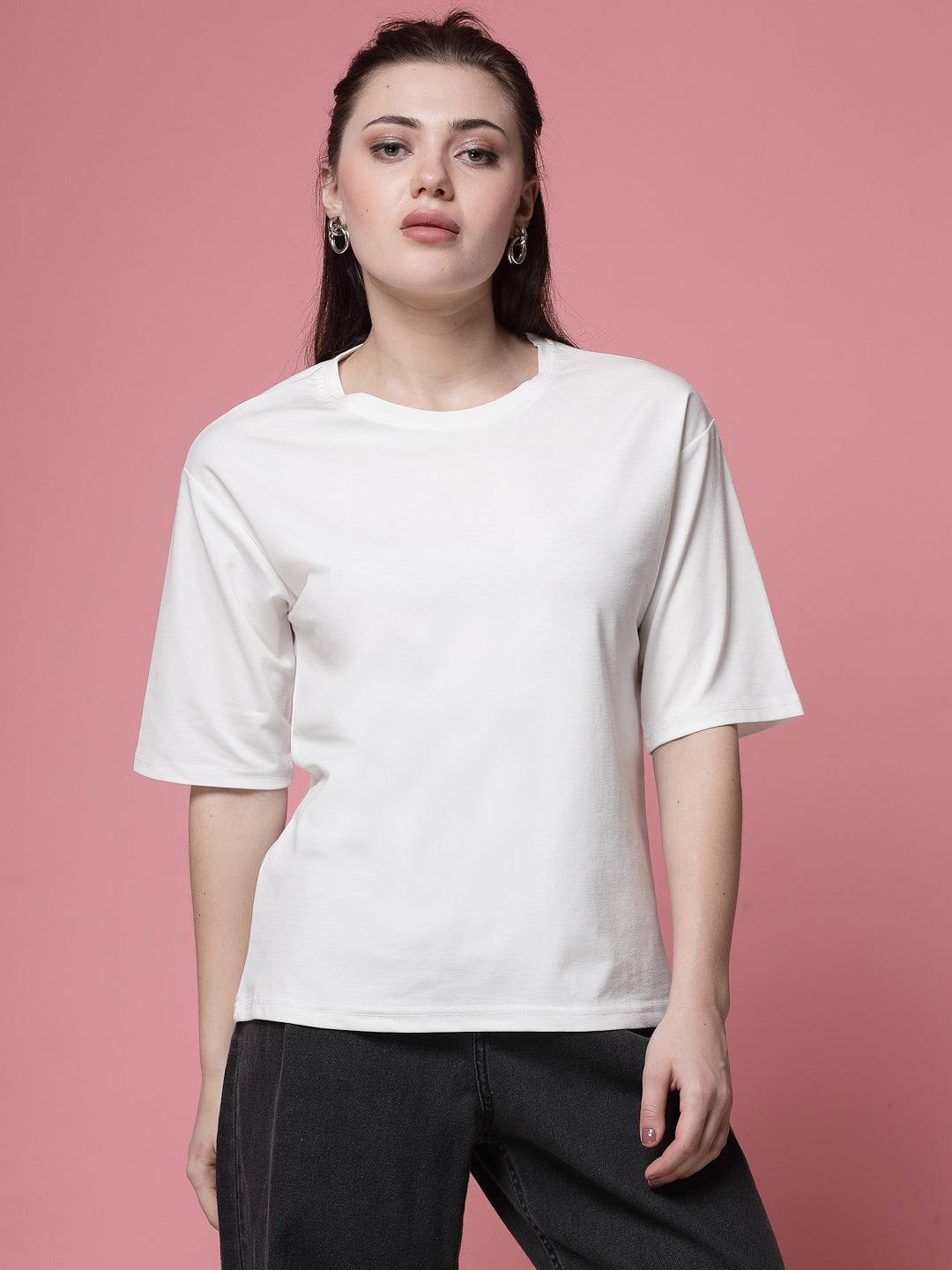 White solid regular fit Tencel women's T-shirt.