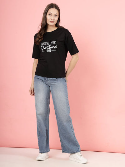 Black printed regular fit T-shirt for women made from soft, sustainable Tencel fabric.