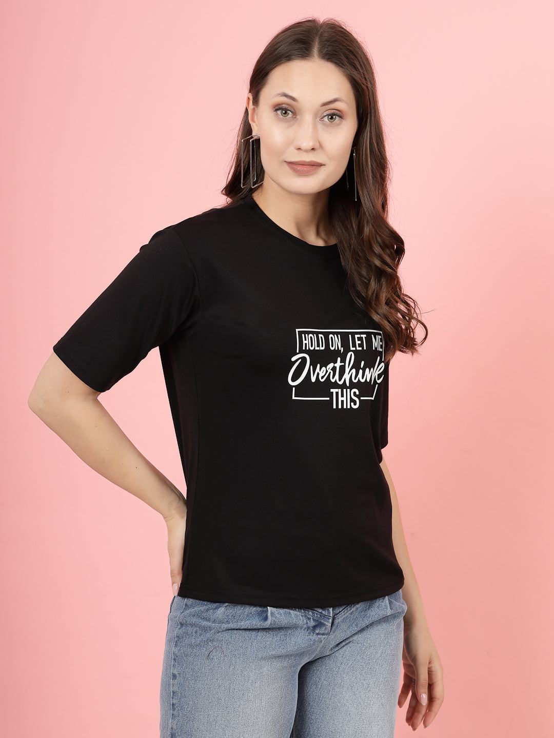 Black printed regular fit T-shirt for women, crafted from premium Tencel fabric.
