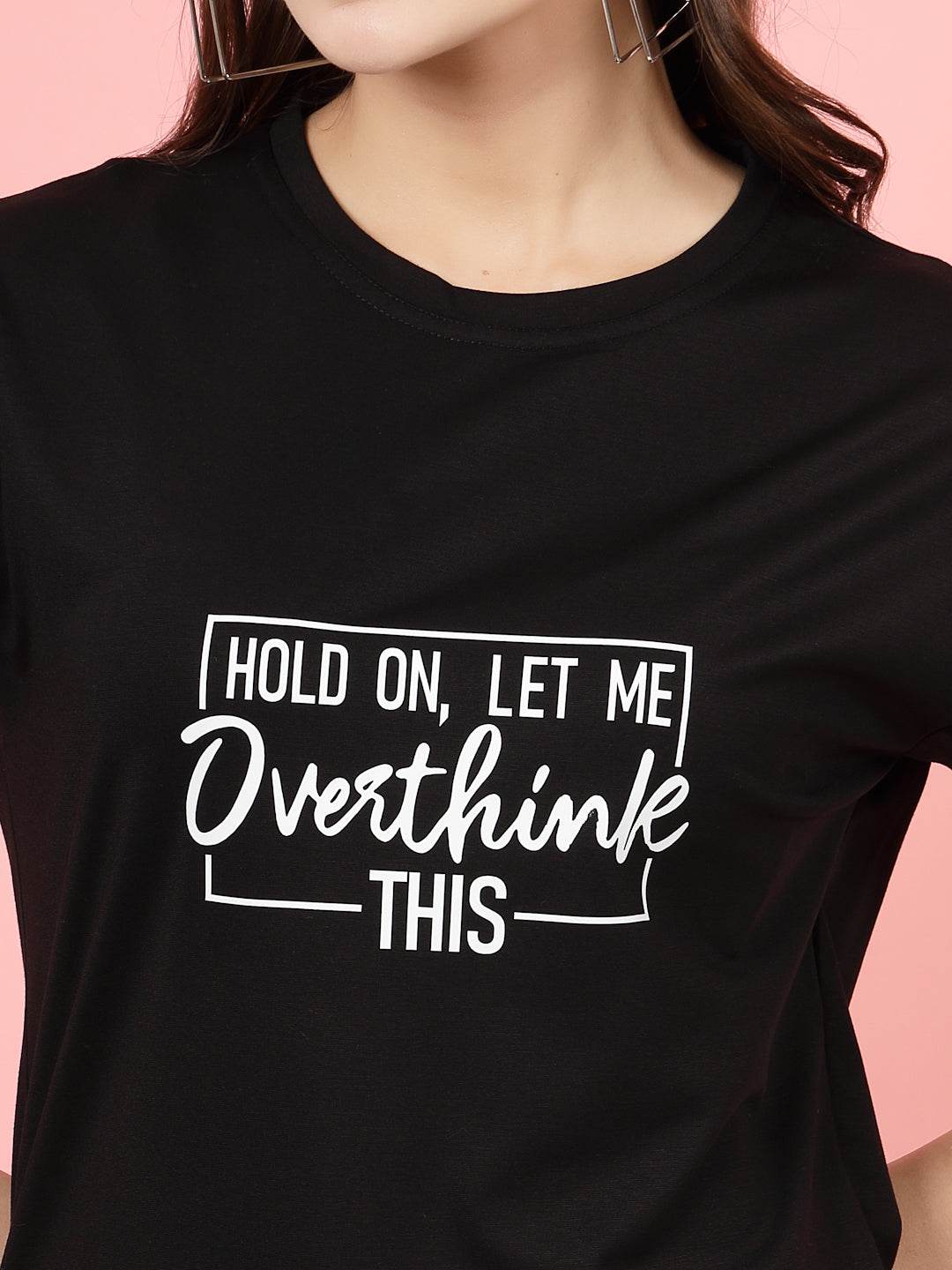Black printed regular fit T-shirt with white text design on the front.
