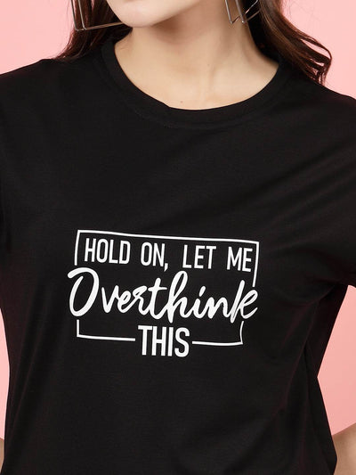 Black printed regular fit T-shirt with white text design on the front.