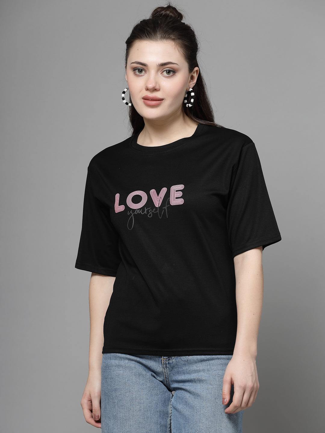 Black printed regular fit T-shirt with soft Tencel fabric.