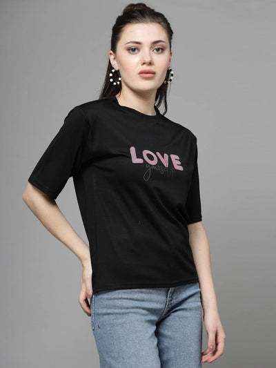 Black printed regular fit Tencel women's T-shirt with pink "LOVE" detail.
