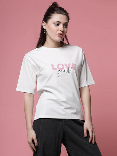 White printed regular fit T-shirt with soft Tencel fabric and stylish design.