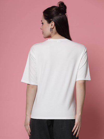 White printed regular fit Tencel women's T-shirt showcasing back view.