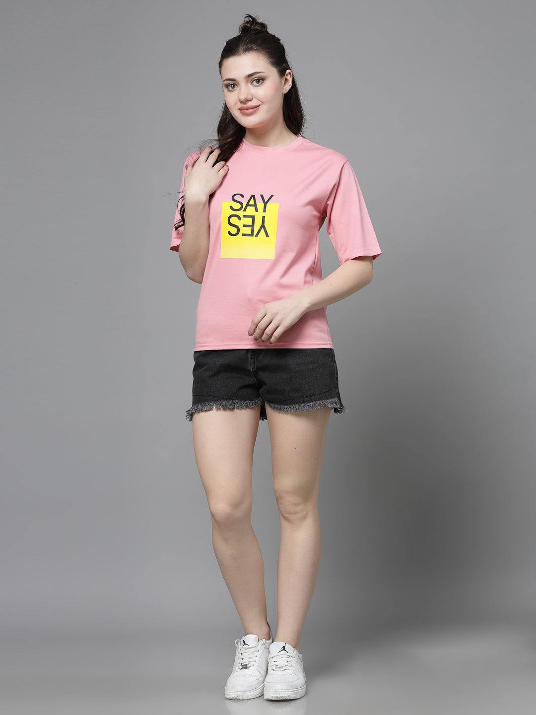 Pink printed regular fit T-shirt made from soft Tencel fabric.
