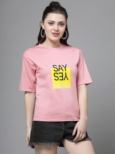 Pink Printed Regular Fit T-Shirt made from soft Tencel fabric.