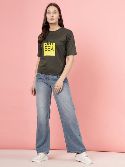 Olive Printed Regular Fit T-Shirt with Tencel fabric against a pink background.