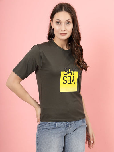 Olive printed regular fit Tencel women's T-shirt with yellow graphic design.