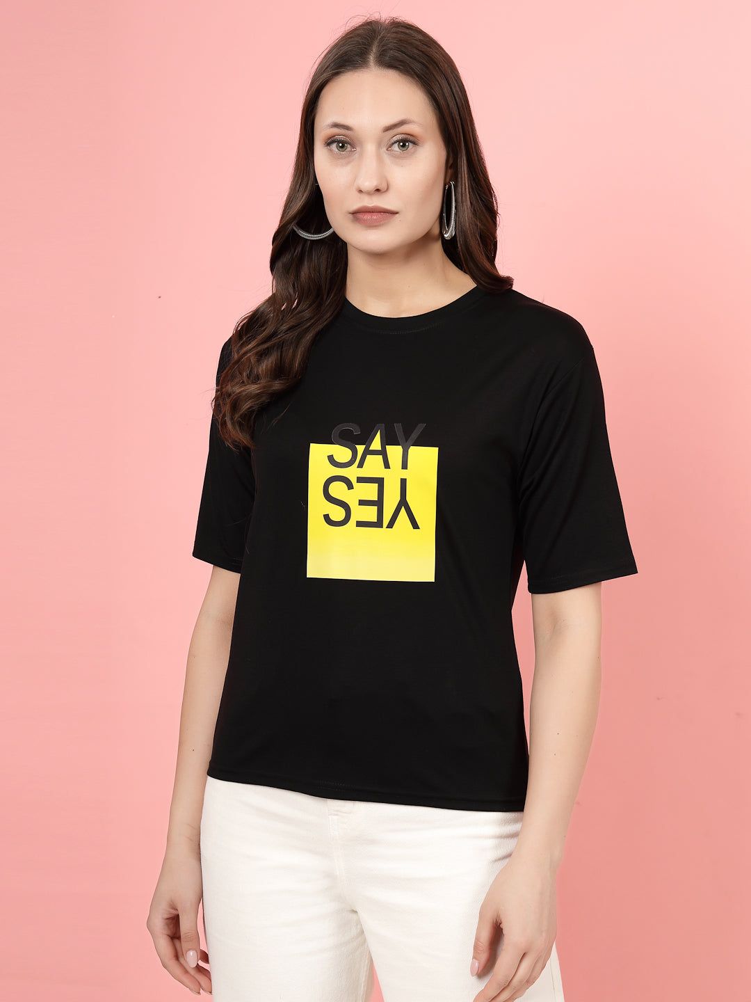 Black printed regular fit T-shirt for women, made from soft Tencel fabric.