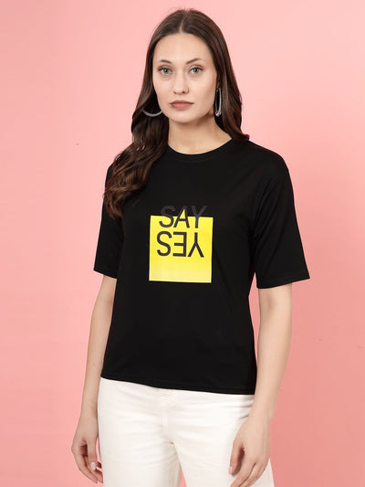 Black printed regular fit T-shirt for women, made from soft Tencel fabric.