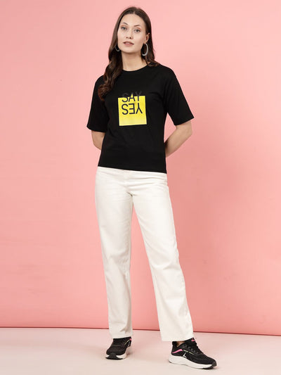 Black printed regular fit T-shirt in premium Tencel fabric for women.