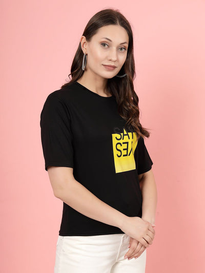 Black printed regular fit Tencel women's t-shirt.