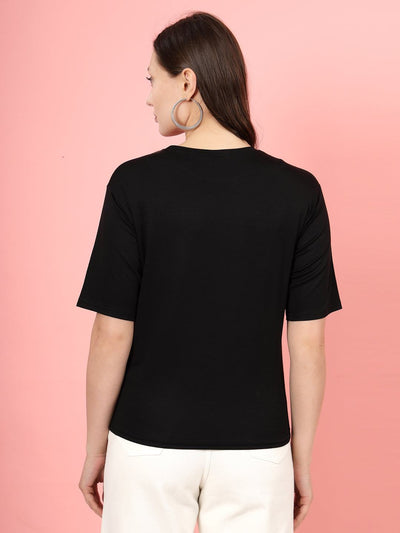 Black printed regular fit women's T-shirt in premium Tencel fabric.