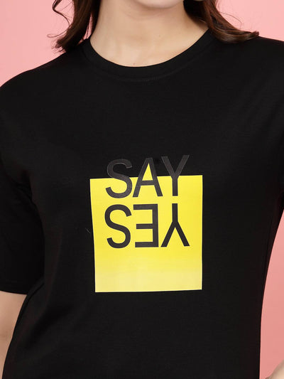 Black printed regular fit Tencel women's T-shirt with yellow graphic design.