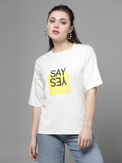 White printed regular fit T-shirt with "SAY YES" graphic, crafted from soft Tencel fabric.
