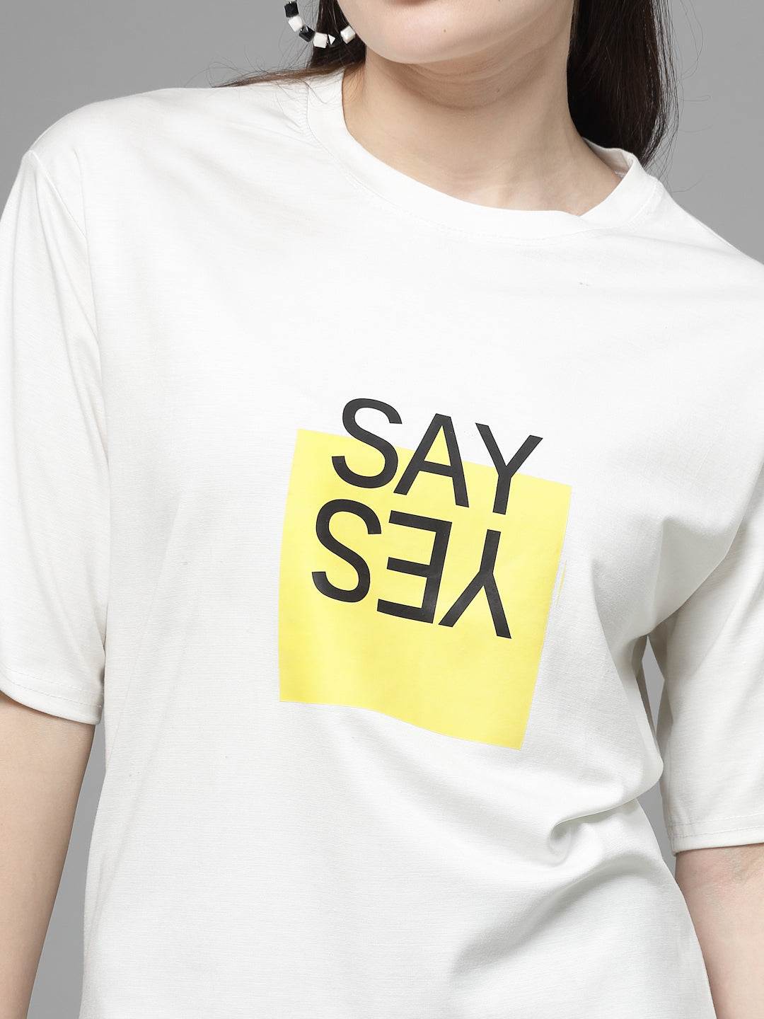White printed regular fit T-shirt with "Say Yes" design in yellow block.