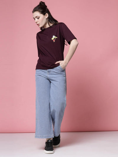 Wine printed regular fit Tencel women's T-shirt.
