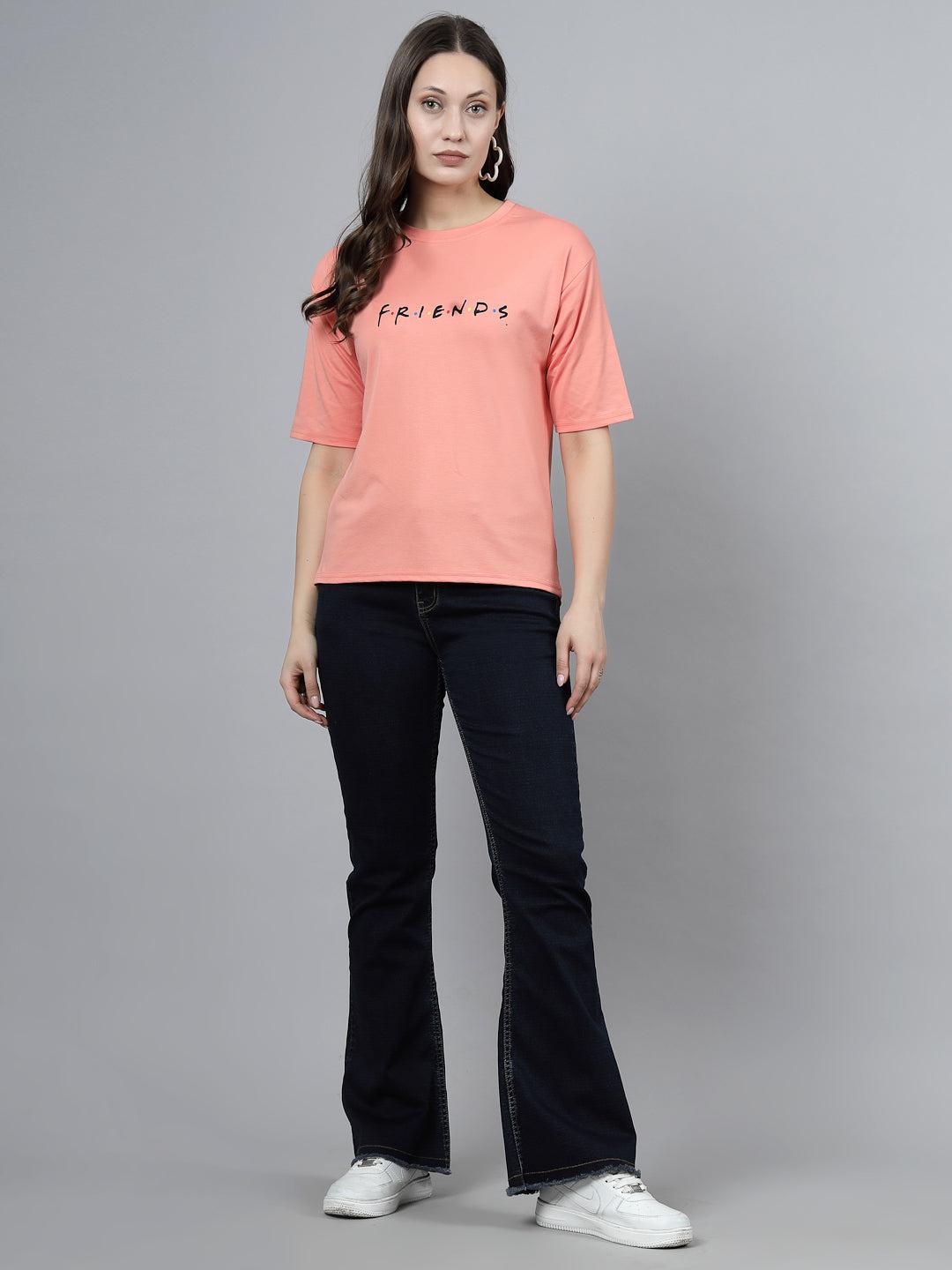Pink printed regular fit T-shirt with luxury Tencel fabric, worn by a woman.