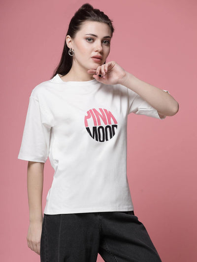 White printed regular fit T-shirt for women in premium Tencel fabric.