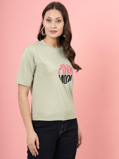 Pista Green Printed Regular Fit Women's T-Shirt made from soft Tencel fabric.