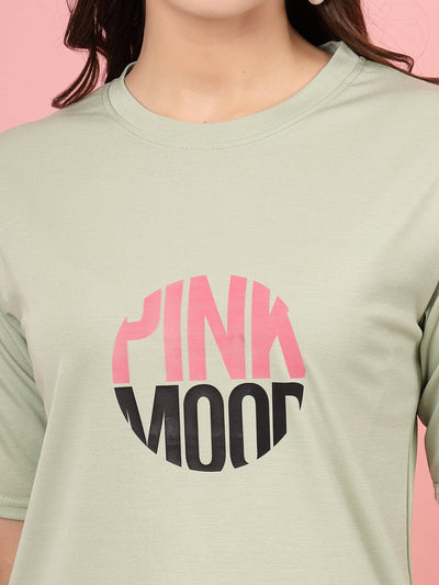 Pista green printed regular fit T-shirt with "Pink Mood" graphic on soft Tencel fabric.