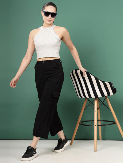 Black solid flat front mid rise cargo trousers in corduroy.