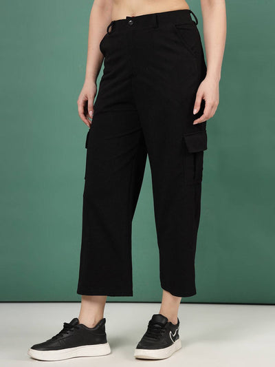 Black solid flat front mid rise cargo trousers in corduroy fabric.