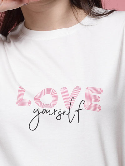 Solid white T-shirt with "Love Yourself" print, featuring round neck and short sleeves.