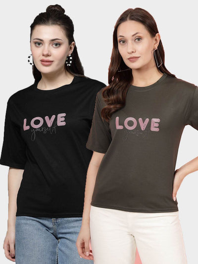 Solid Black and Olive Regular Fit T-Shirts, Round Neck, Short Sleeves, Pack of 2.