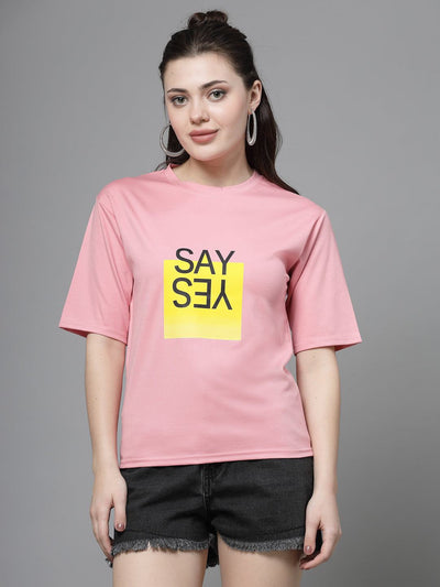 Solid pink T-shirt with round neck and short sleeves.