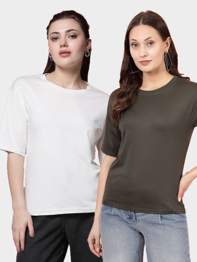 Solid white and olive regular fit T-shirt pack of 2, round neck, short sleeves, Tencel fabric.