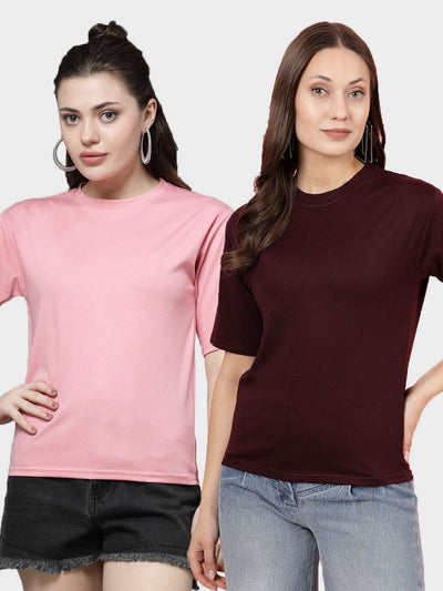 Solid Pink and Wine Regular Fit T-Shirts, Round Neck, Short Sleeves, Tencel Fabric.