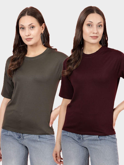 Solid Olive and Wine Regular Fit T-Shirts (Pack of 2) with Round Neck and Short Sleeves.
